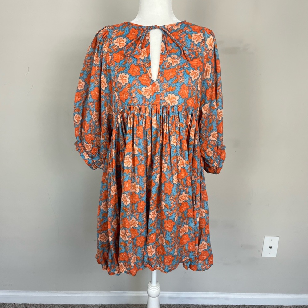 SUNDRY FLORAL MINI SHIFT DRESS SIZE 2 (MEDIUM) SLEEVES ORANGE AND BLUE - Picture 12 of 16